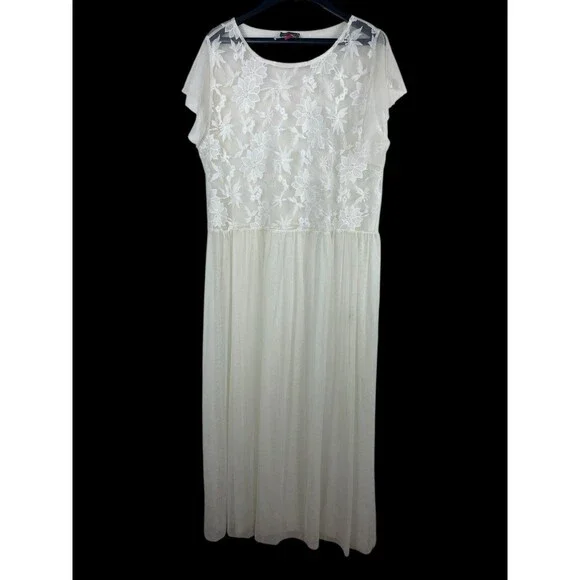 Vince Camuto | Dresses | Vince Camuto Ivory Sheer Mesh Floral Aline Short  Sleeve Maxi Dress M | Poshmark
